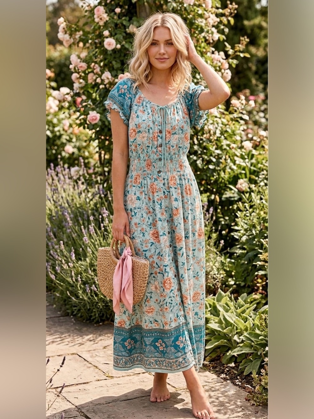 Floral Tie-Neck Midi Dress in Teal and Peach